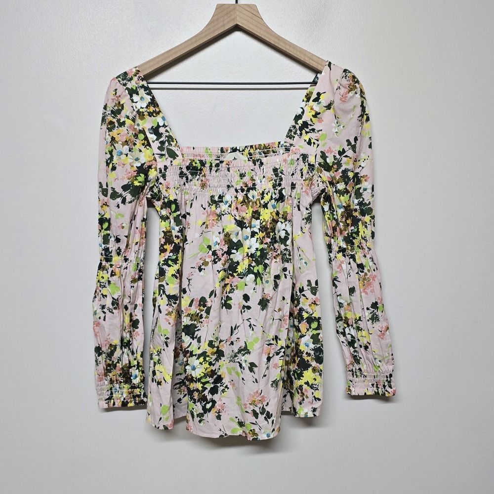 Tuckernuck Floral Smocked Square Neck Peasant Blouse‎ Pink Multicolor Women's S
